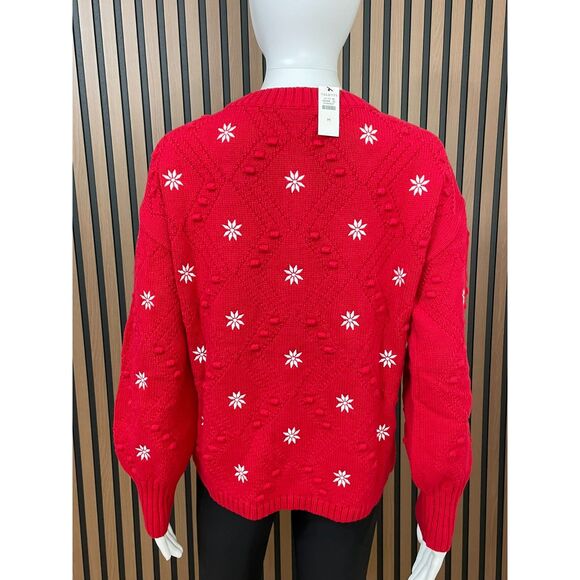 Talbots Women's M Red Sweater Polyester Cardigan Embroidered Holiday Snowflake - Picture 2 of 10